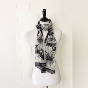 Brighton Black White 100% Silk Scarf Flower Butterfly Rectangle Sheer 64” X 19”